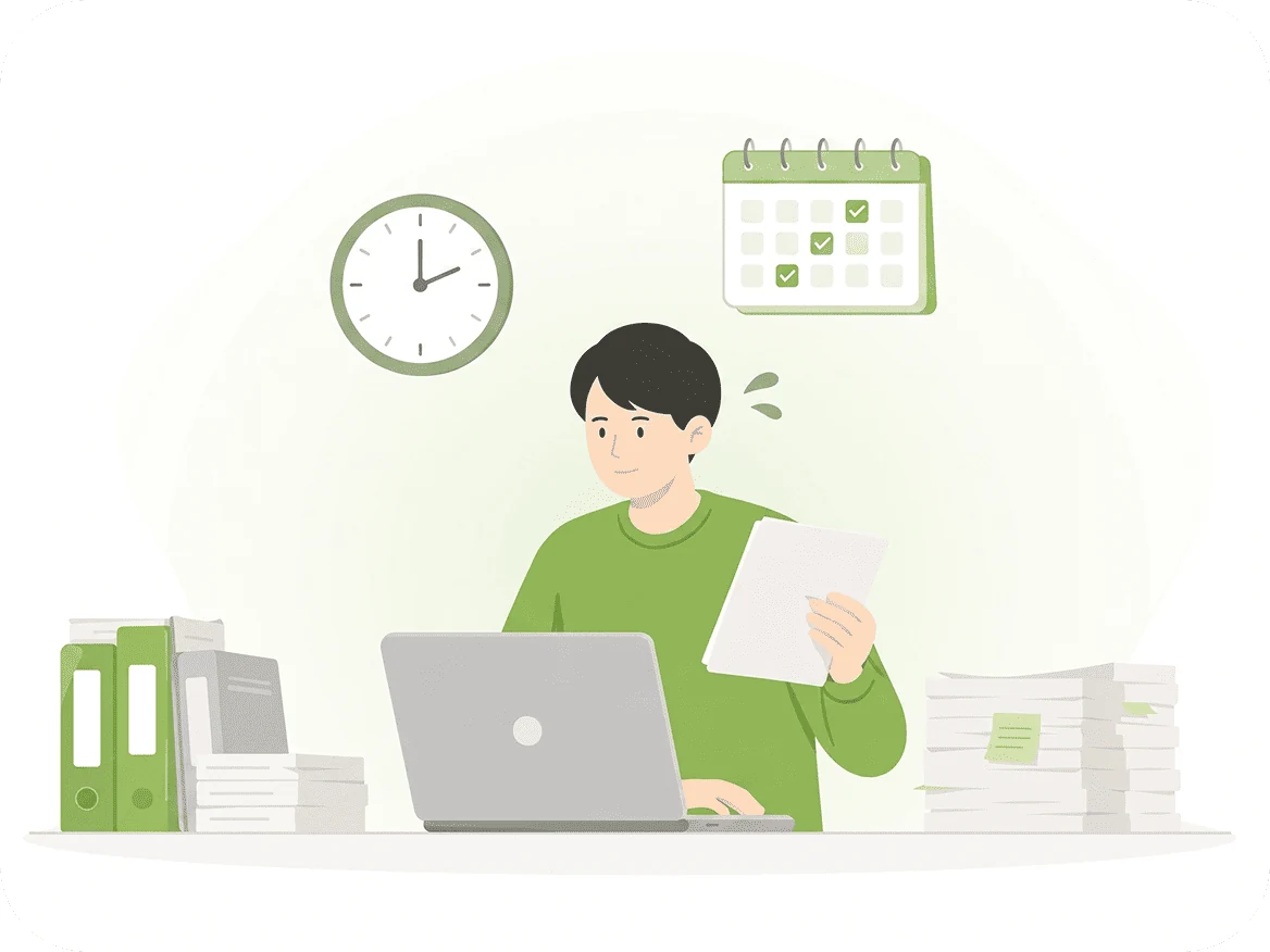 書類やタスクに追われる人物のイメージ