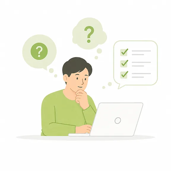 質問に答えながら考え込む人物のイメージ